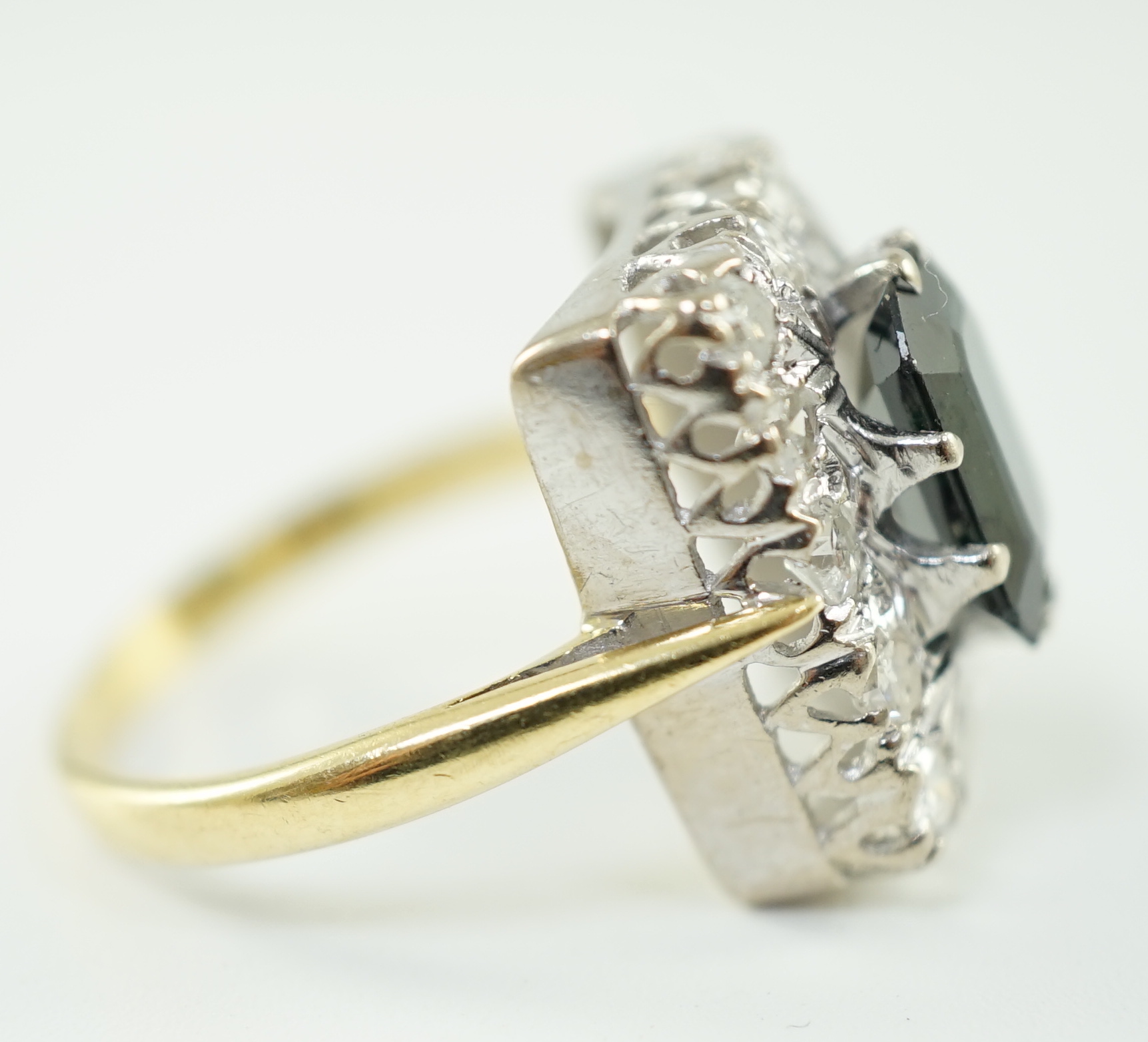 A modern 18ct gold, sapphire and diamond set rectangular cluster ring